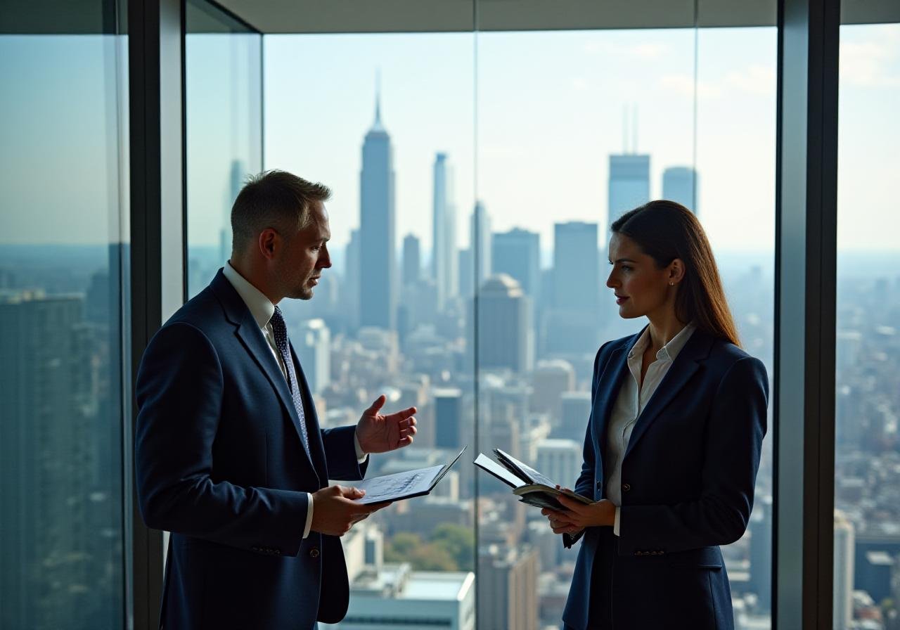 Executive mentor guiding a professional in a modern office
