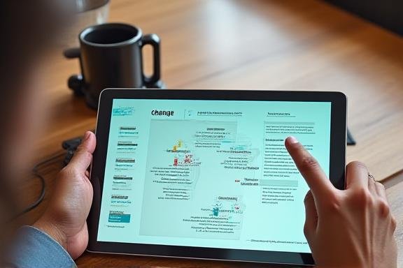 Professional group working on a change management project with digital tablet and blueprints