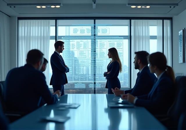 Executive team analyzing organizational structures in a high-tech boardroom