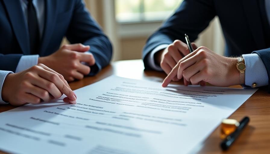 Business professionals reviewing a legal contract in a modern office